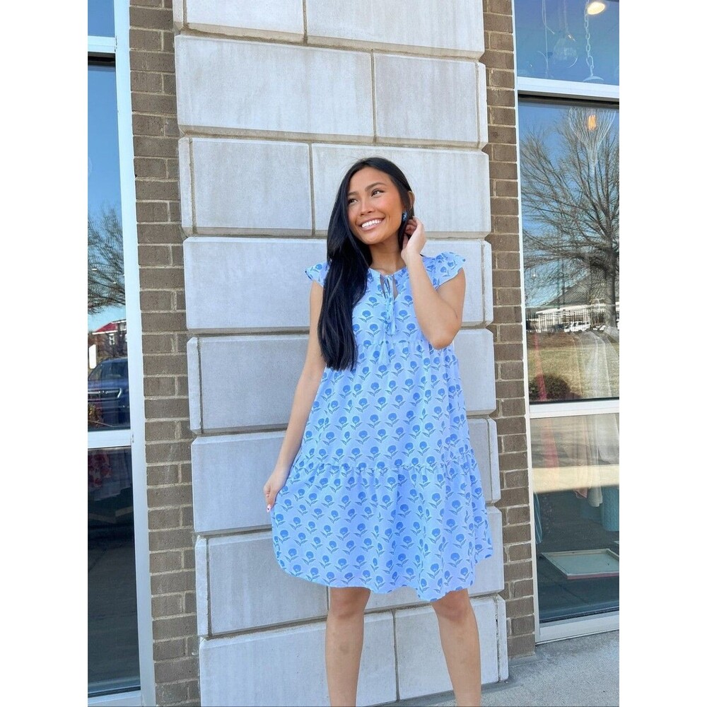J. Marie Blue Floral V Neck Tiered Ruffle Sleeve Dress